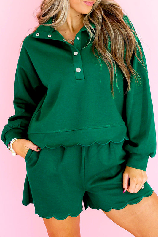 Blackish Green Embroidered Scallop Half Button Pullover Shorts Set