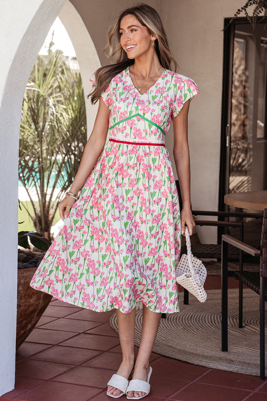Pink Floral Print V Neck Short Sleeve Elegant Midi Dress