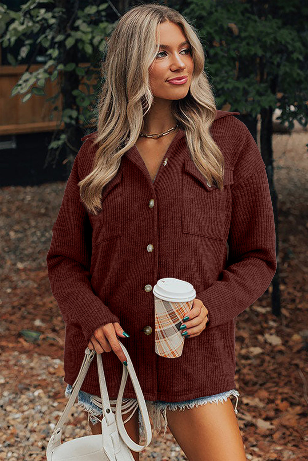Red Sandalwood Ribbed Knit Buttons Front Flap Pocket Shacket