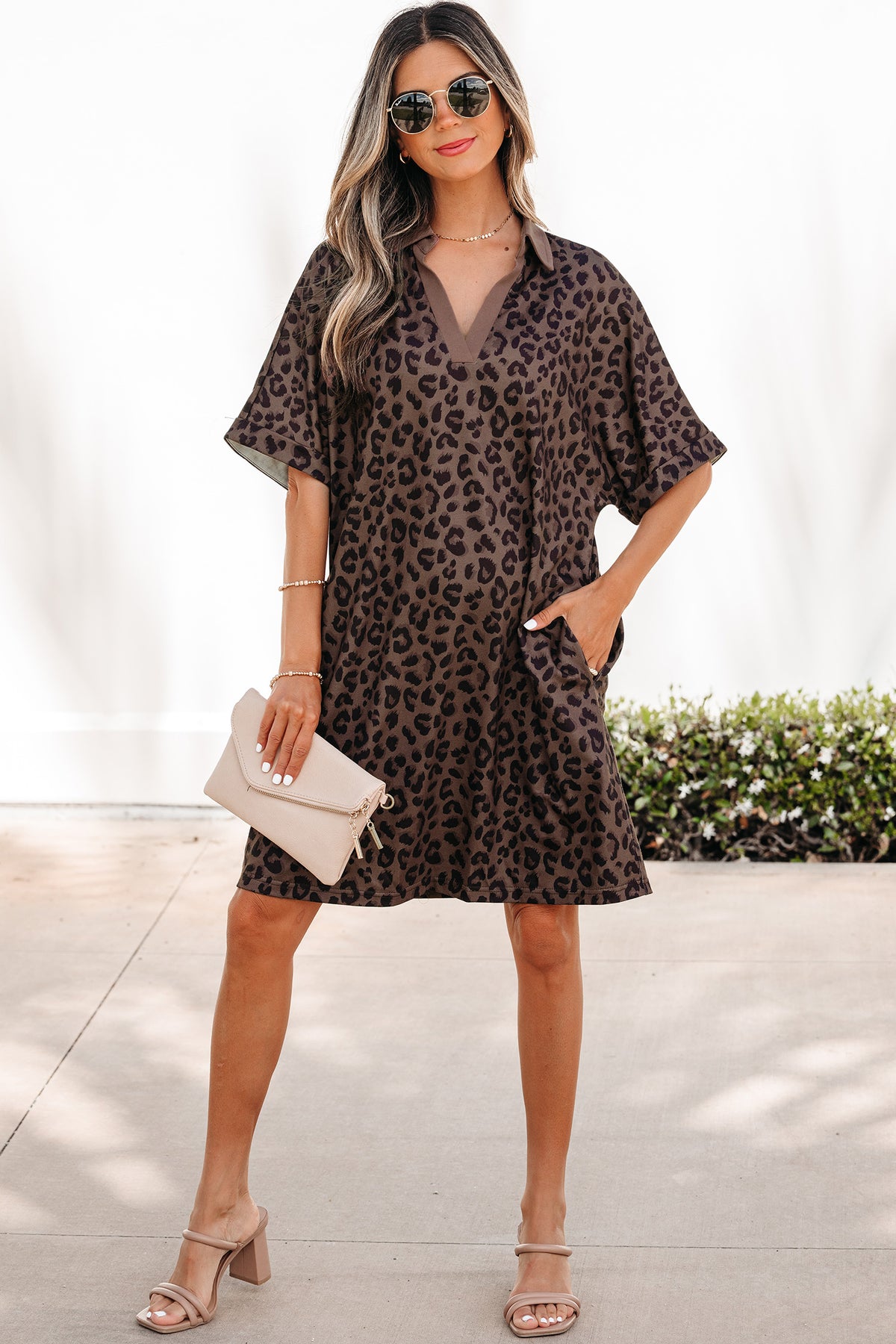 Brown Leopard Print Contrast Collar V Neck Mini Dress