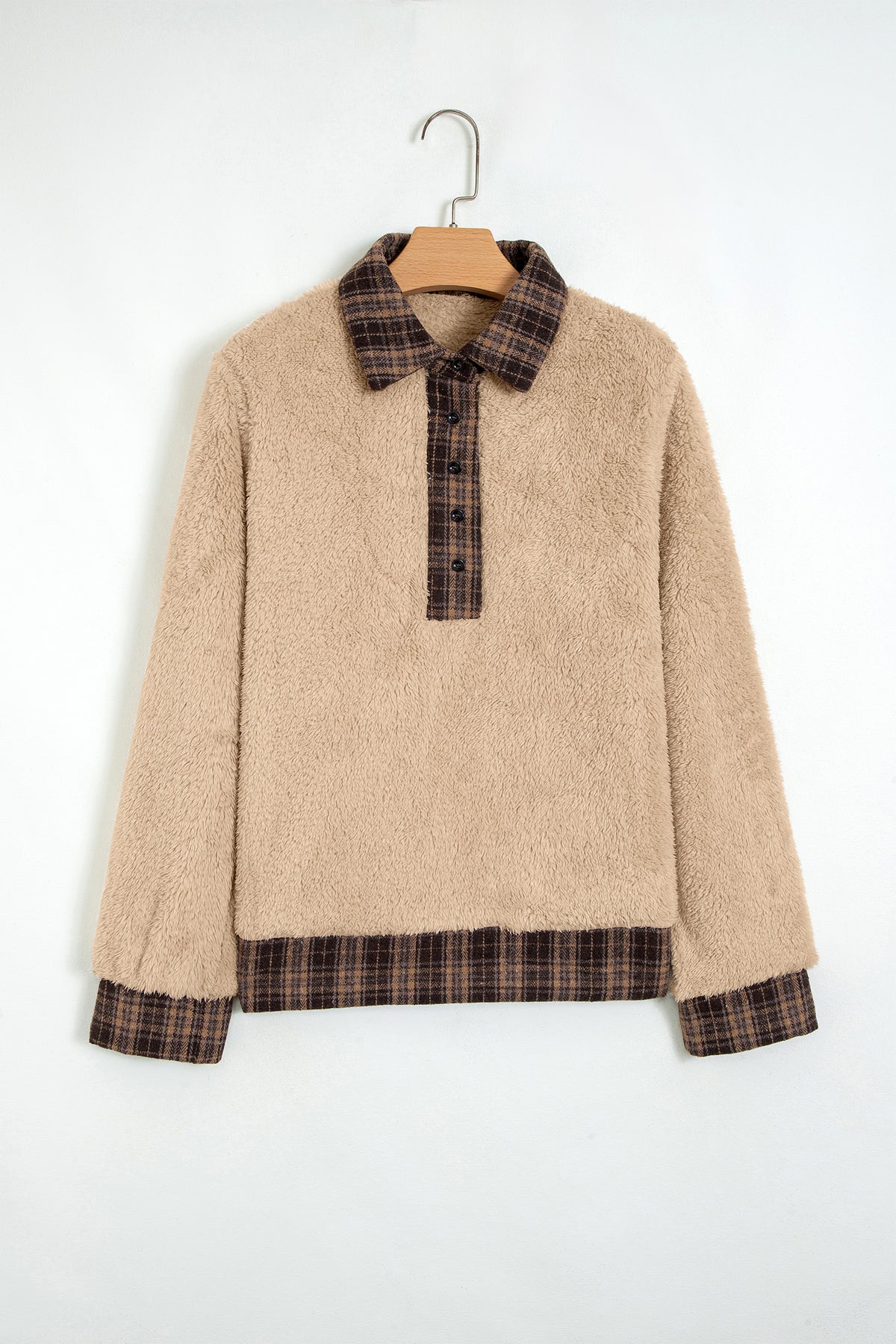 Light French Beige Plaid Collar Fleece Pullover Sweatshirt