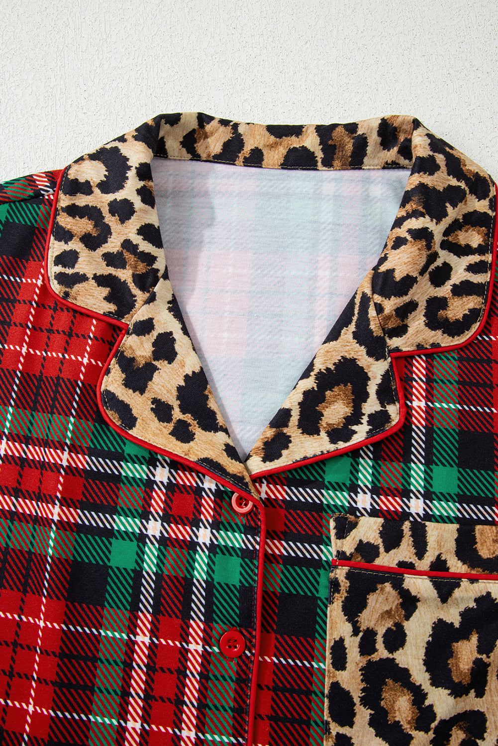 Racing Red Plaid Leopard Patchwork Long Sleeve Shorts Pajama Set