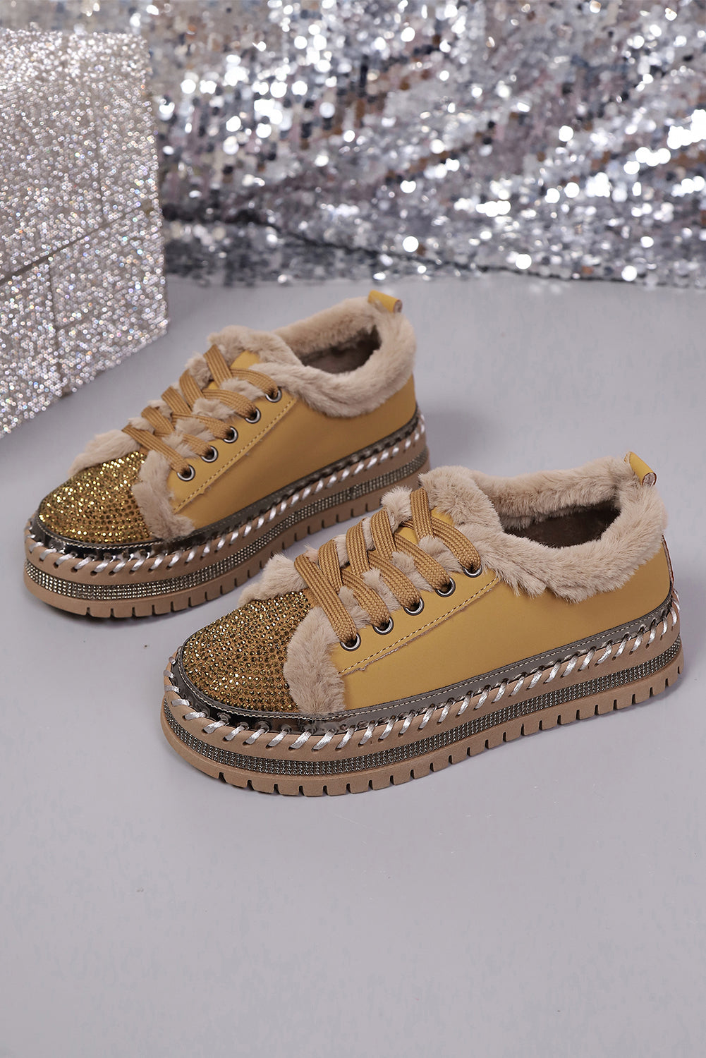 Thai Curry Rhinestone Faux-Fur Lined Lace-Up Shoes