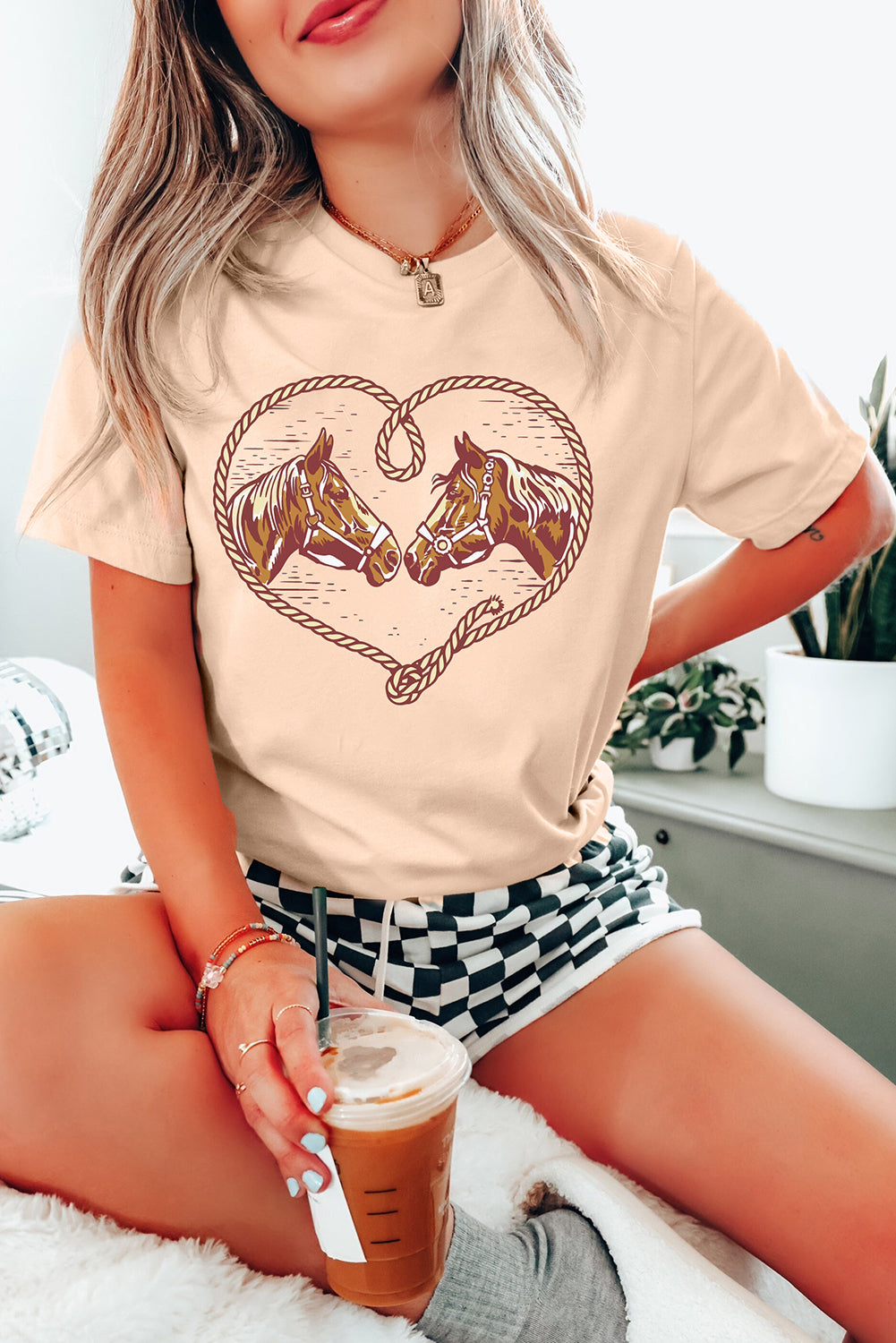 Khaki Rodeo Horse Graphic Western Cowgirl Fashion T-Shirt
