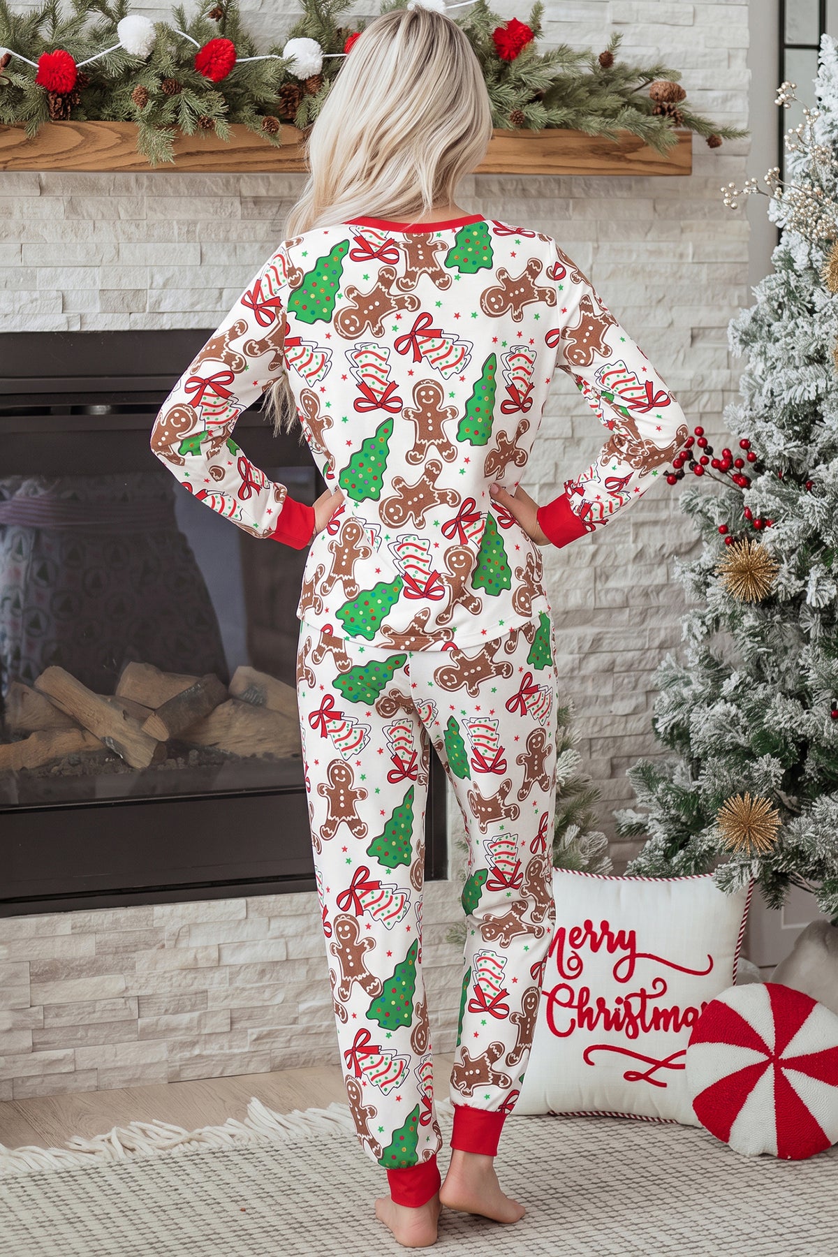 White Christmas Button V Neck Pullover Drawstring Pants Lounge Set