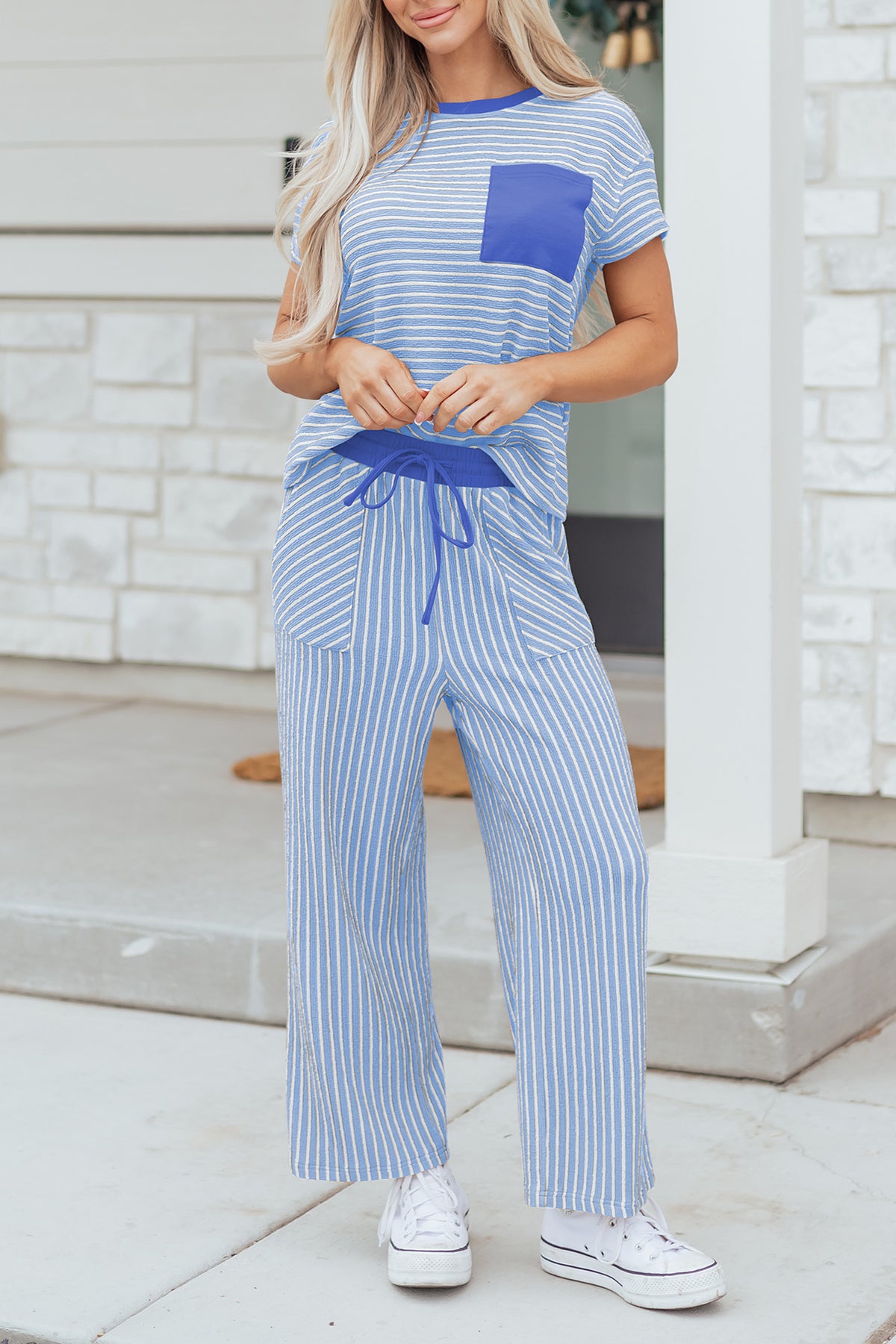 Women's Green Stripe Crewneck Tee Waist Cropped Pants Set