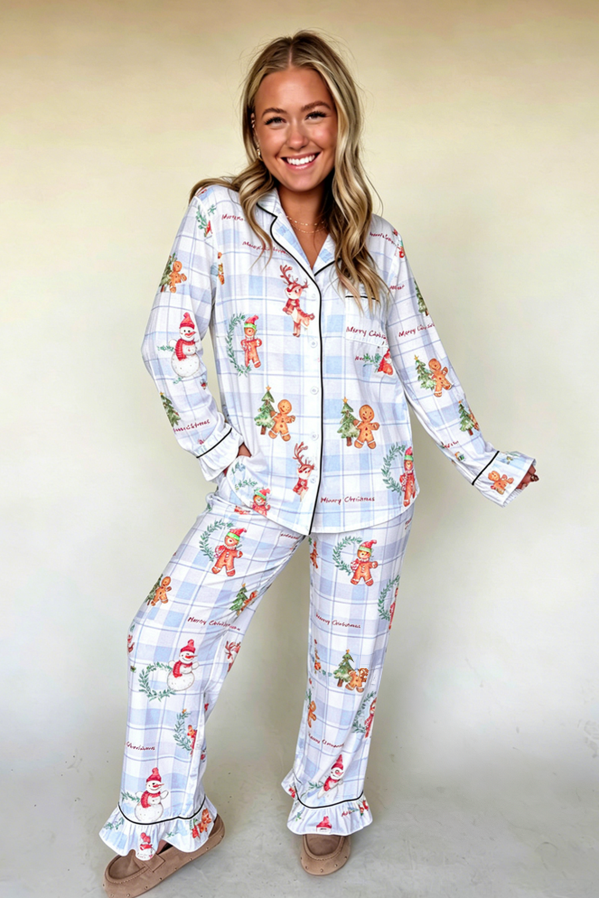 Sky Blue Plaid Cartoon Christmas Pattern Shirt Top Pajama Set