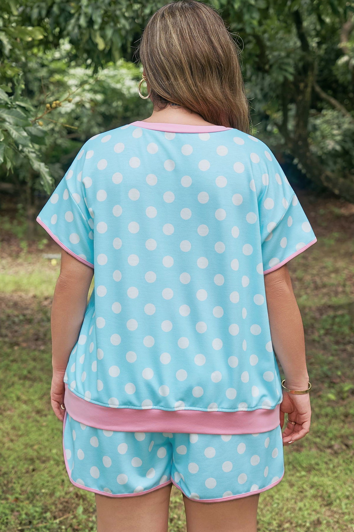 Sky Blue Polka Dot Print Color-Block Trim Plus Size 2pcs Shorts Set