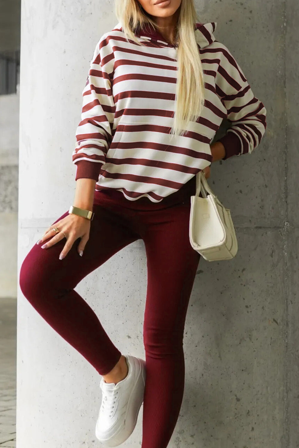 Women's Red Stripe Pullover Hoodie Ribbed Solid Pants Two-Piece Set Outfit