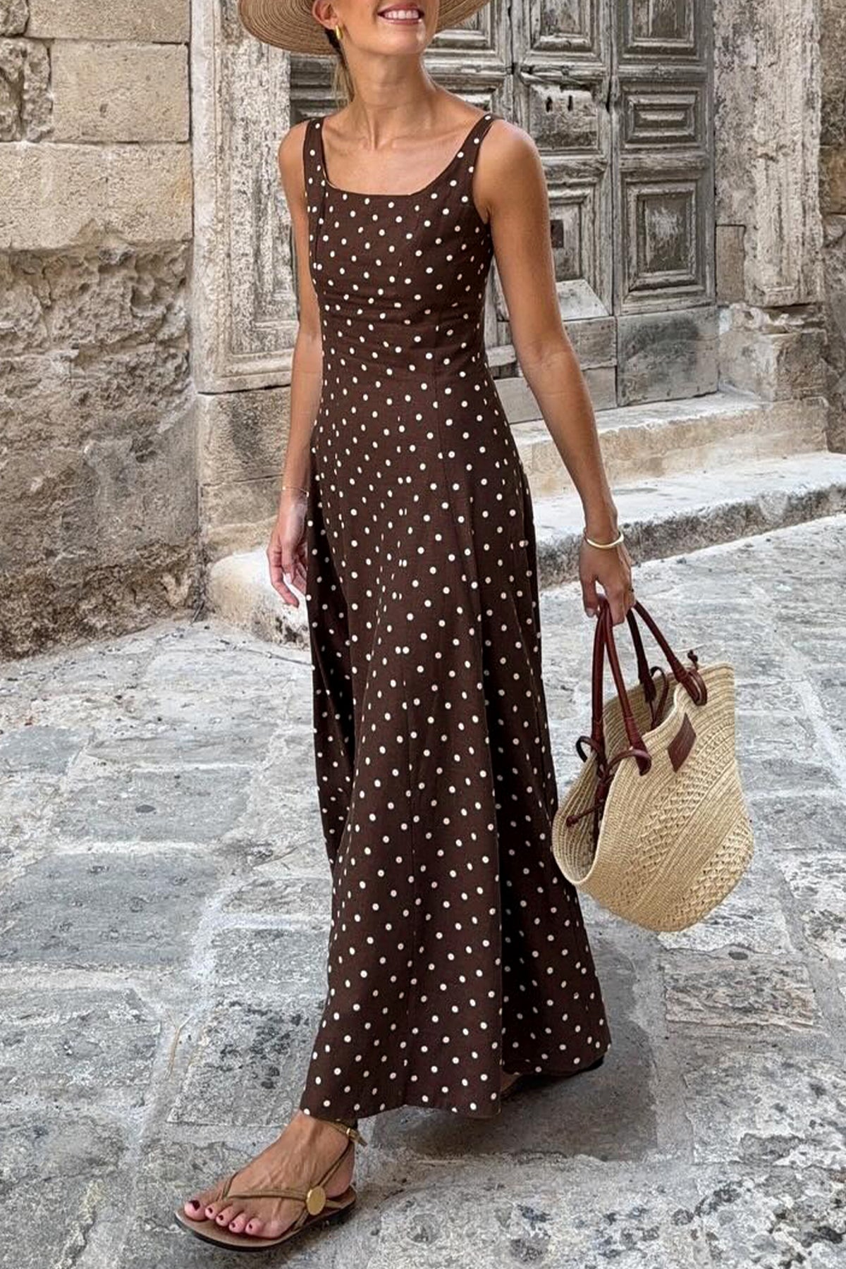 Brown Polka Dot Square-Neck Maxi Dress