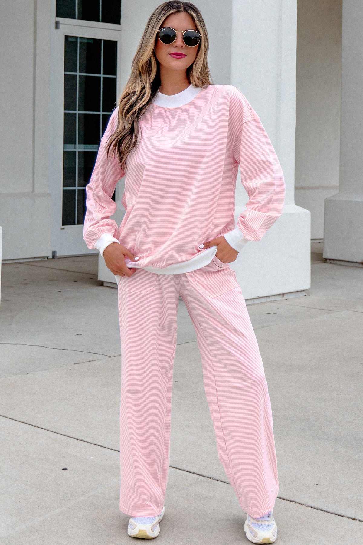 Women's Pink Stripe Color Block Trim Mock Neck Pullover Drawstring Pants Casual Outfit