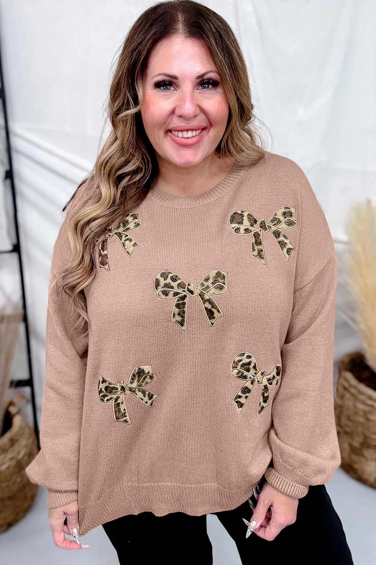 Dark Khaki Leopard Bow Embroidery Tunic Plus Size Sweater