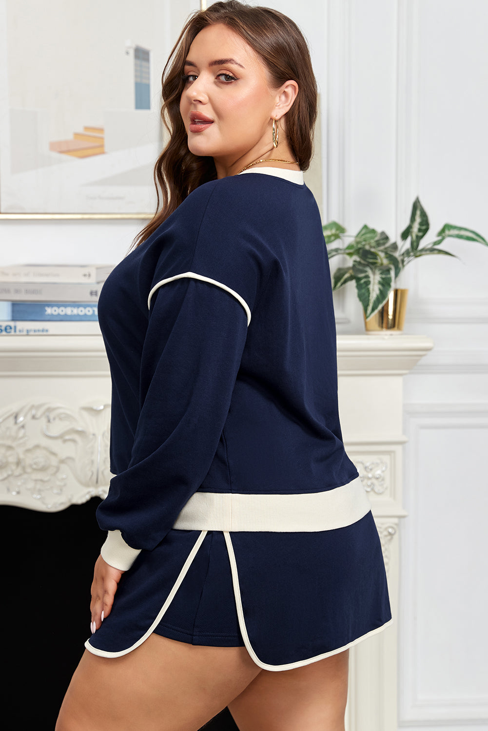 Navy Blue Plus Color-Block Drop-Shoulder Top and Lace-up Skirt Outfit