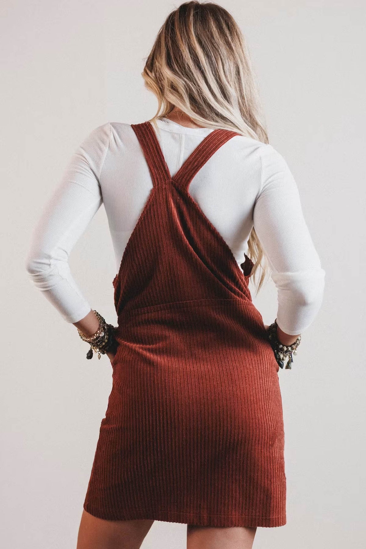 Clay Ribbed Corduroy Zip Up Sleeveless Pocket Sheath Dress