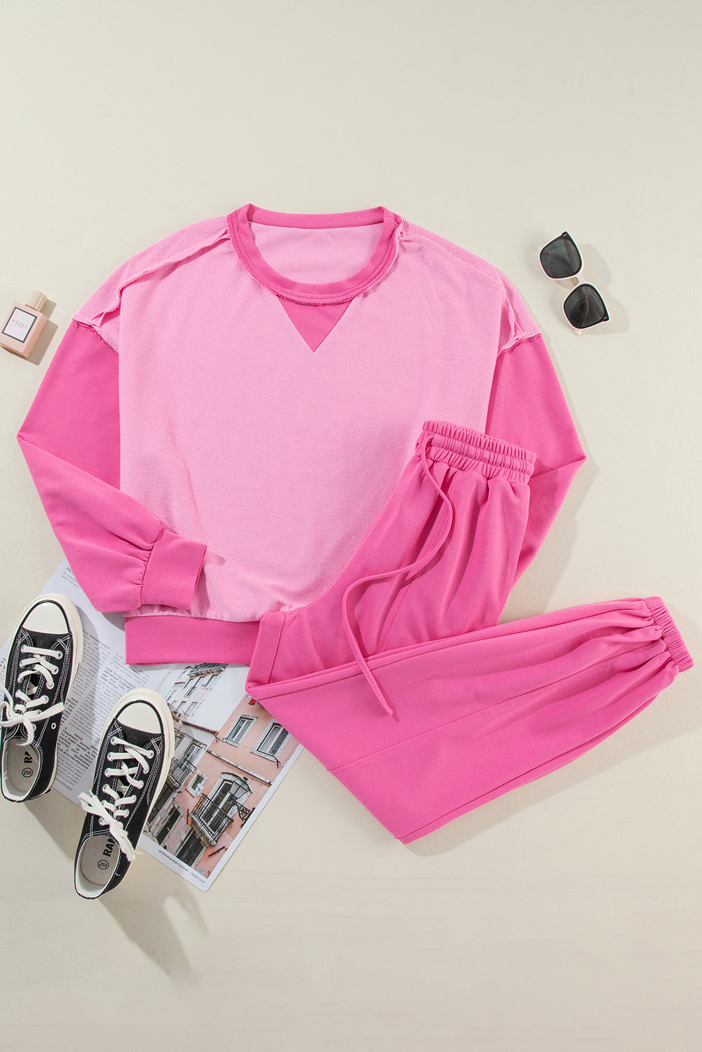 Women's Bonbon Contrast Patchwork Pullover and Joggers Set