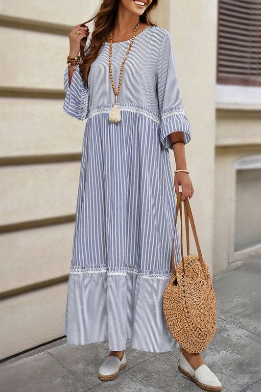 Sky Blue Stripe Patchwork Crossed Lace Bracelet Sleeve Maxi Dress