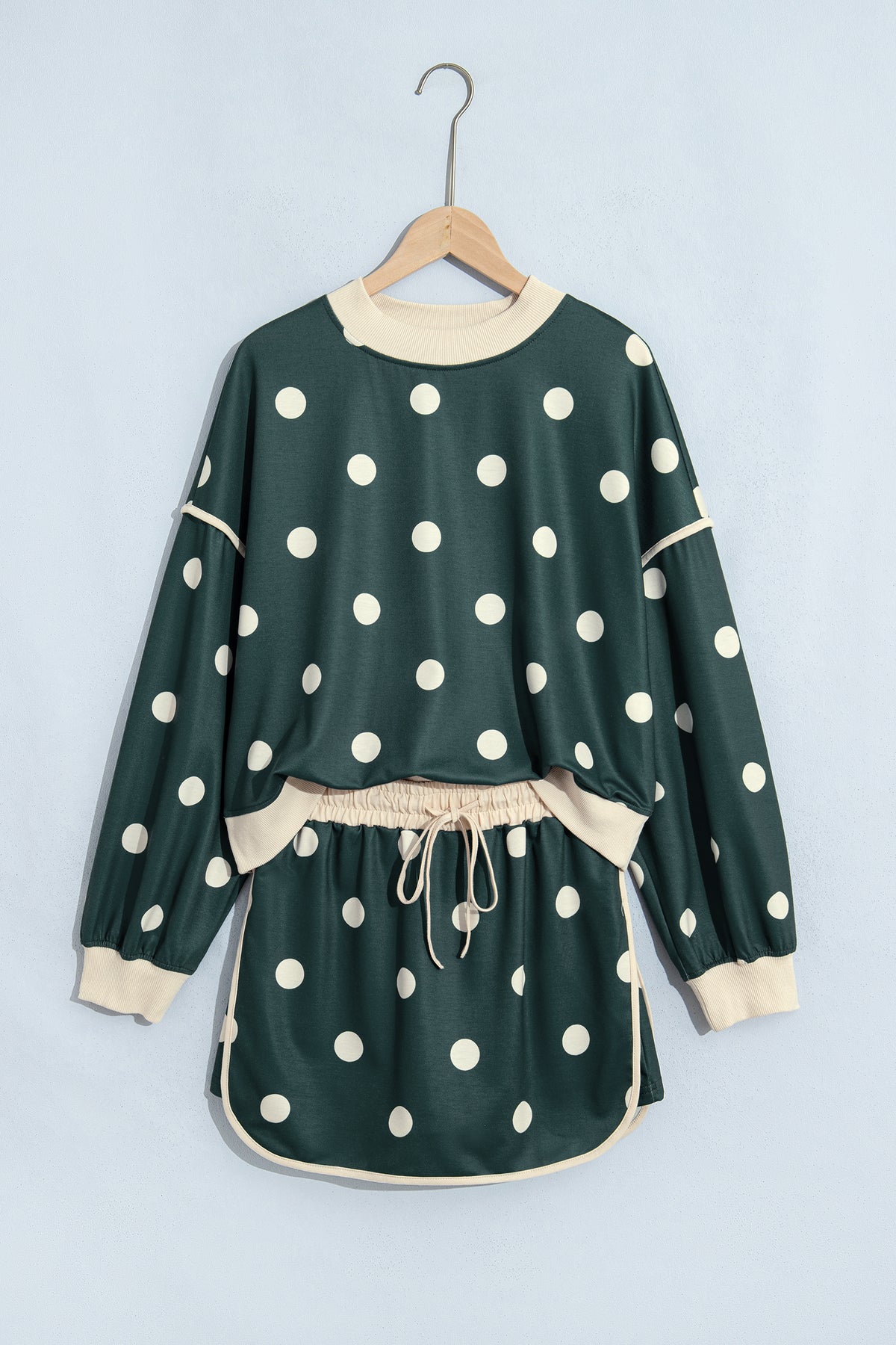 Women's Green Polka Dot Print Color Block Trim Baggy Pullover Drawstring Skort Two-Piece Set