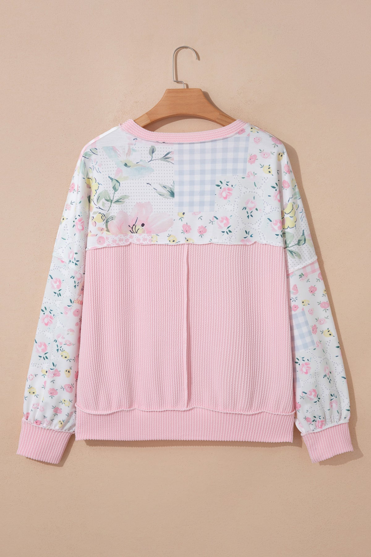 Pink Twisted Ribbed Trim Floral Print Patchwork Top