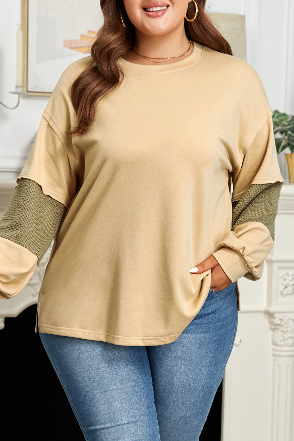 Laurel Green Exposed Seam Contrast Texture Patchwork Plus Size Drop-Shoulder Pullover