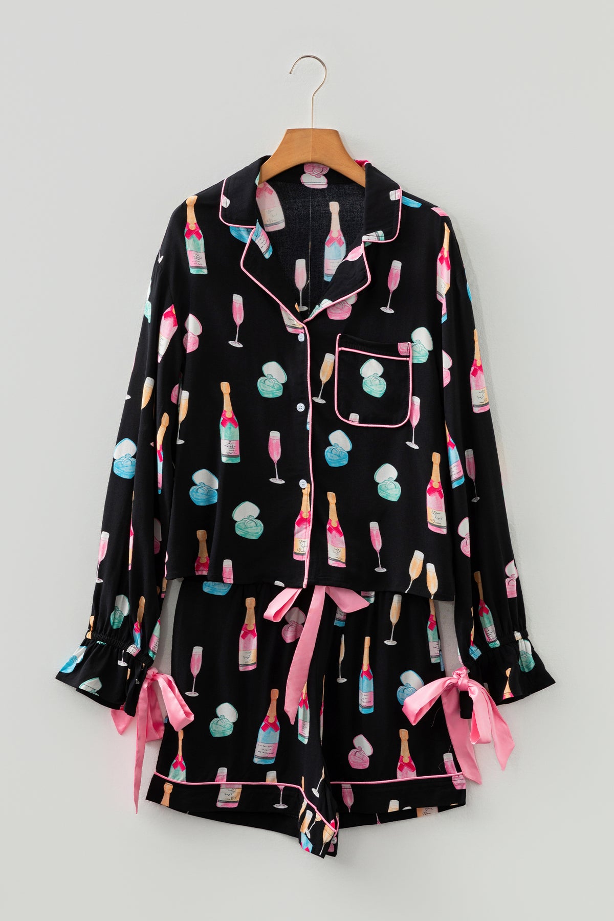 Black Christmas Wine Glass Print Bow Knot Pajama Set