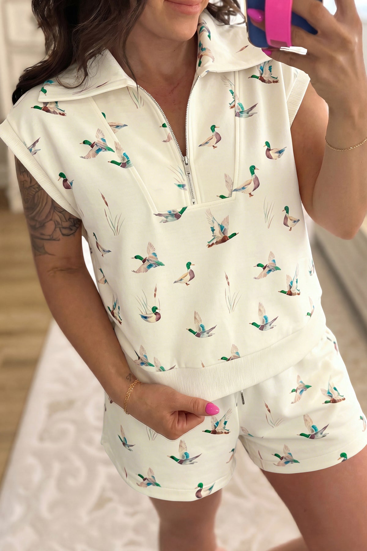 Women's Beige Mallard Printed Zip Polo Tee Drawstring Shorts Set