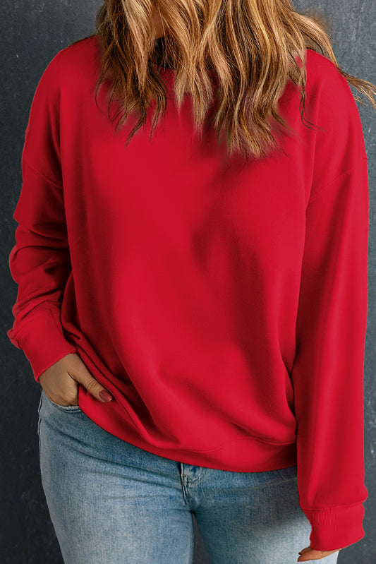 Racing Red Solid Crew Neck Plus Size Sweatshirt