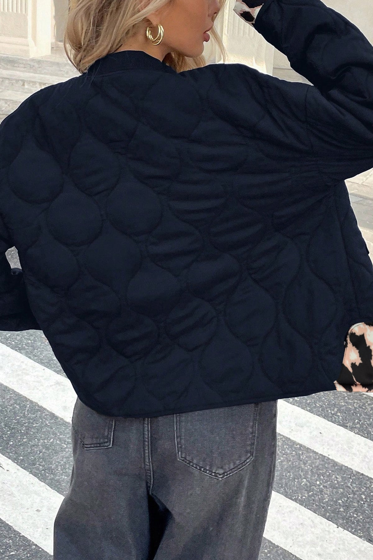 Black Quilted Leopard Cuff Button Down Puffer Jacket