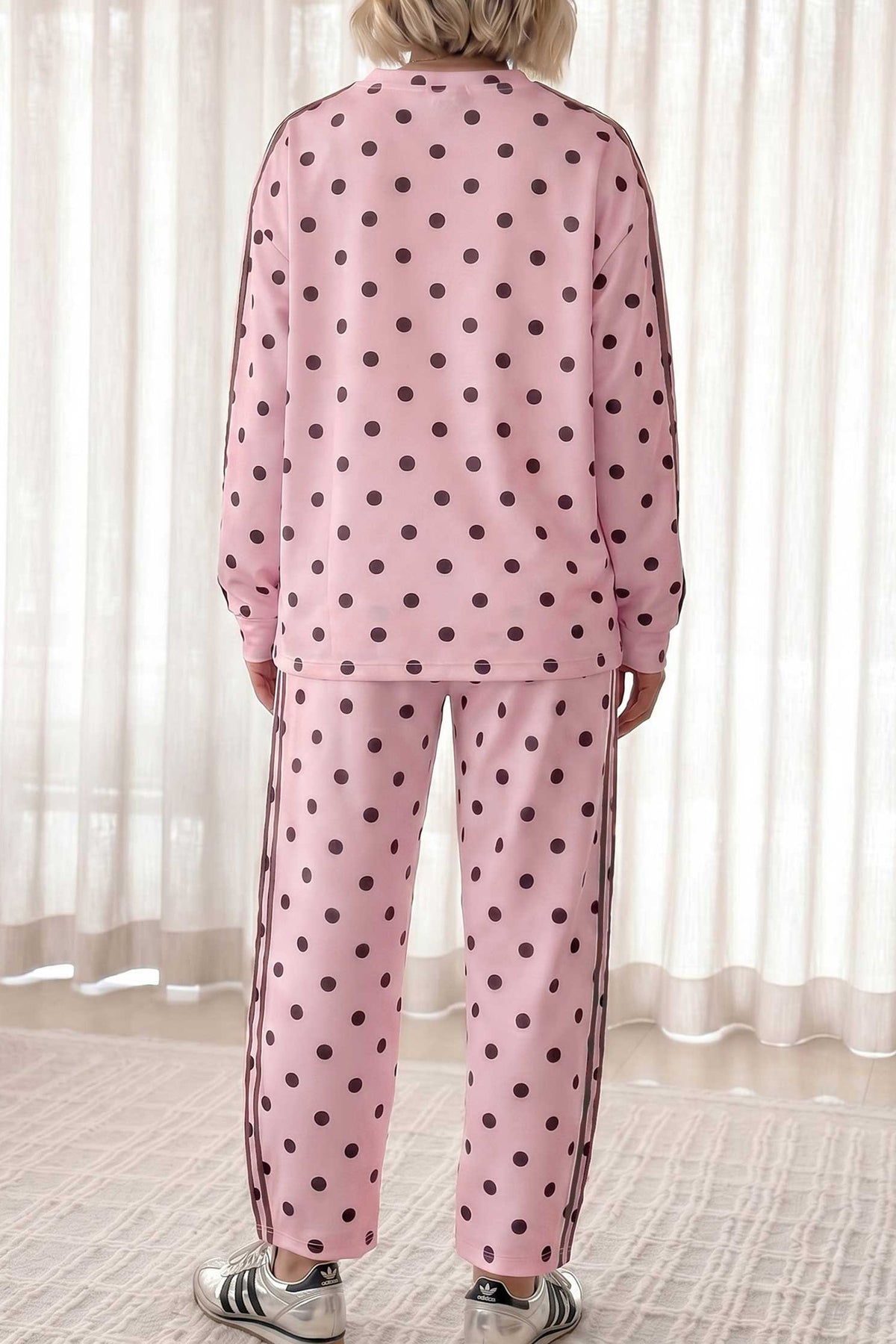 Pink Polka Dot Print Side Stripe Detail Long Sleeve Top Pant Set