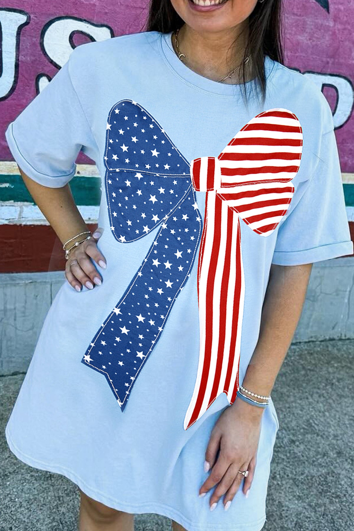 Beau Blue Patriotic Big Bow Stitched T Shift Mini Dress