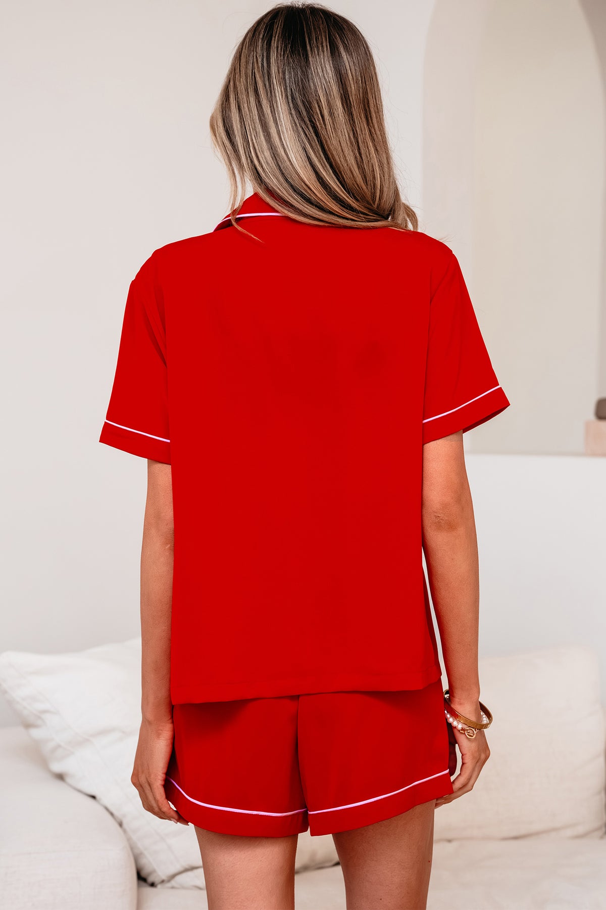 Fiery Red Contrast Trim Ribbon Bow Short Silky Pajama Set