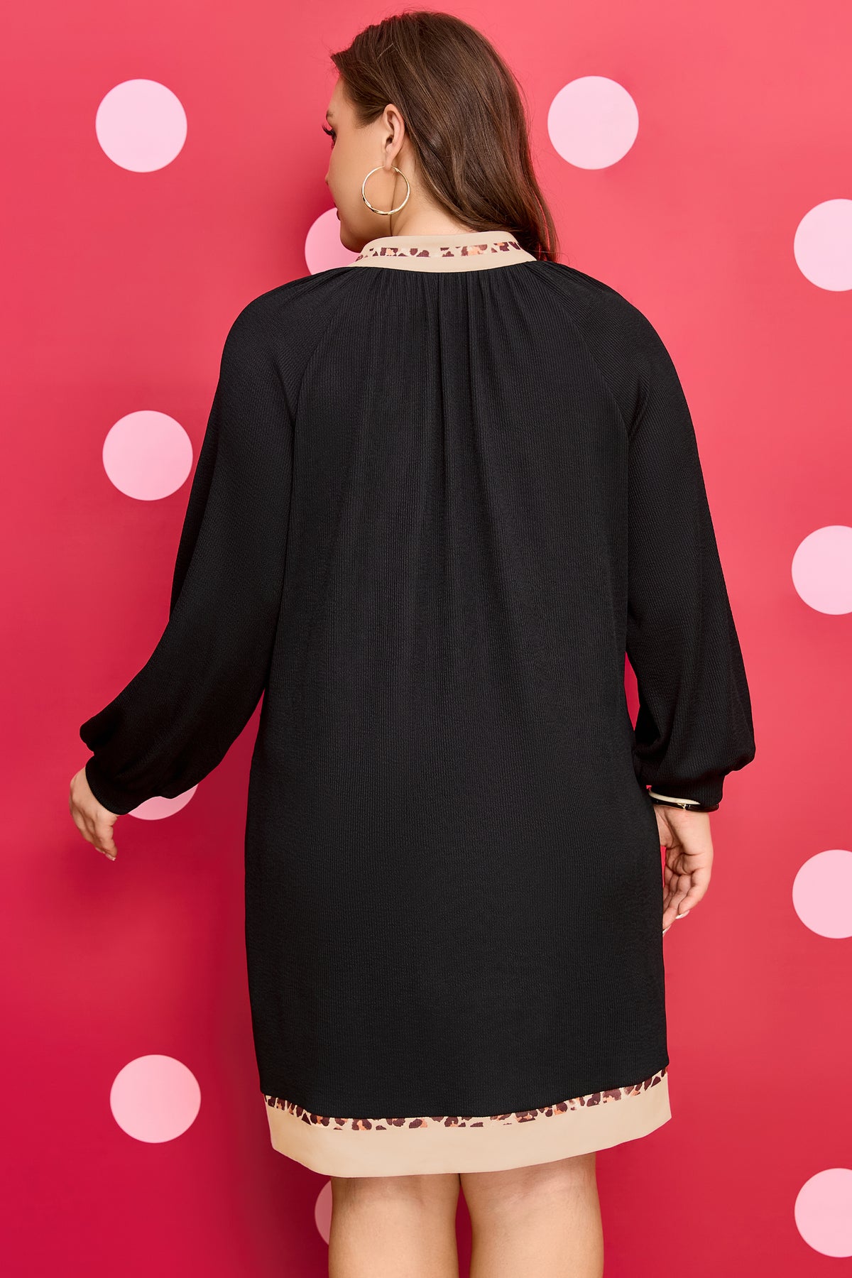 Black Contrast Color-Block Leopard Trim Plus Size Ribbed Dress