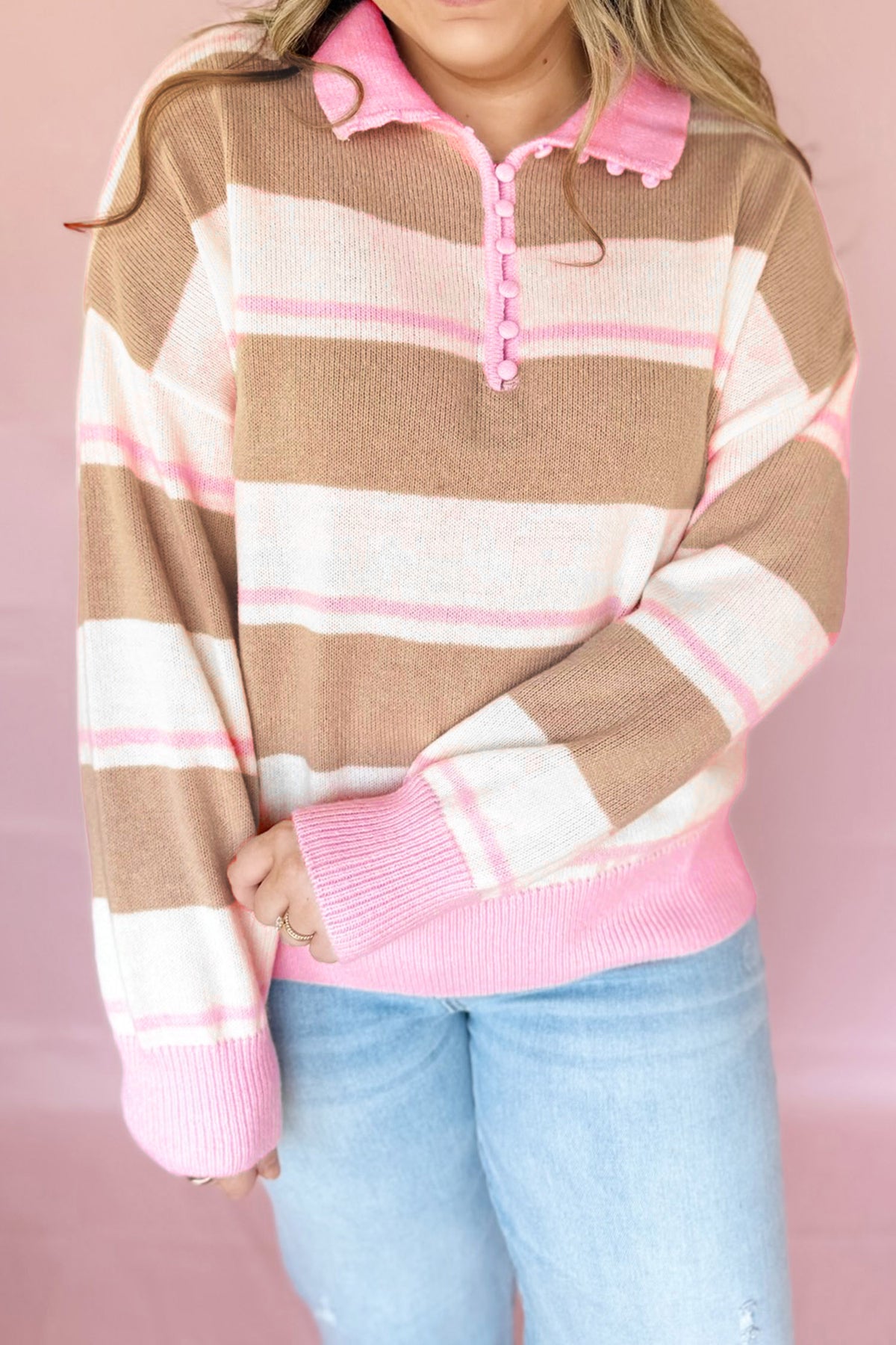 Pink Stripe Striped Color-Block V-Neck Long-Sleeve Tunic Sweater
