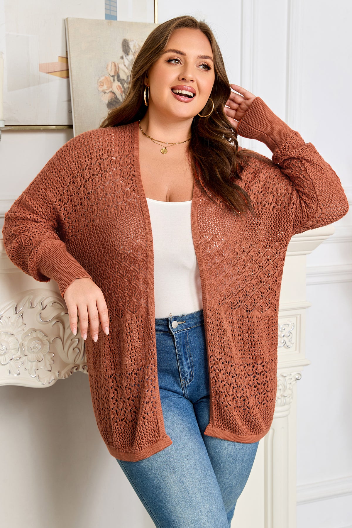 Redwood Burl Mixed Pattern Knitted Open-Front Plus Cardigan