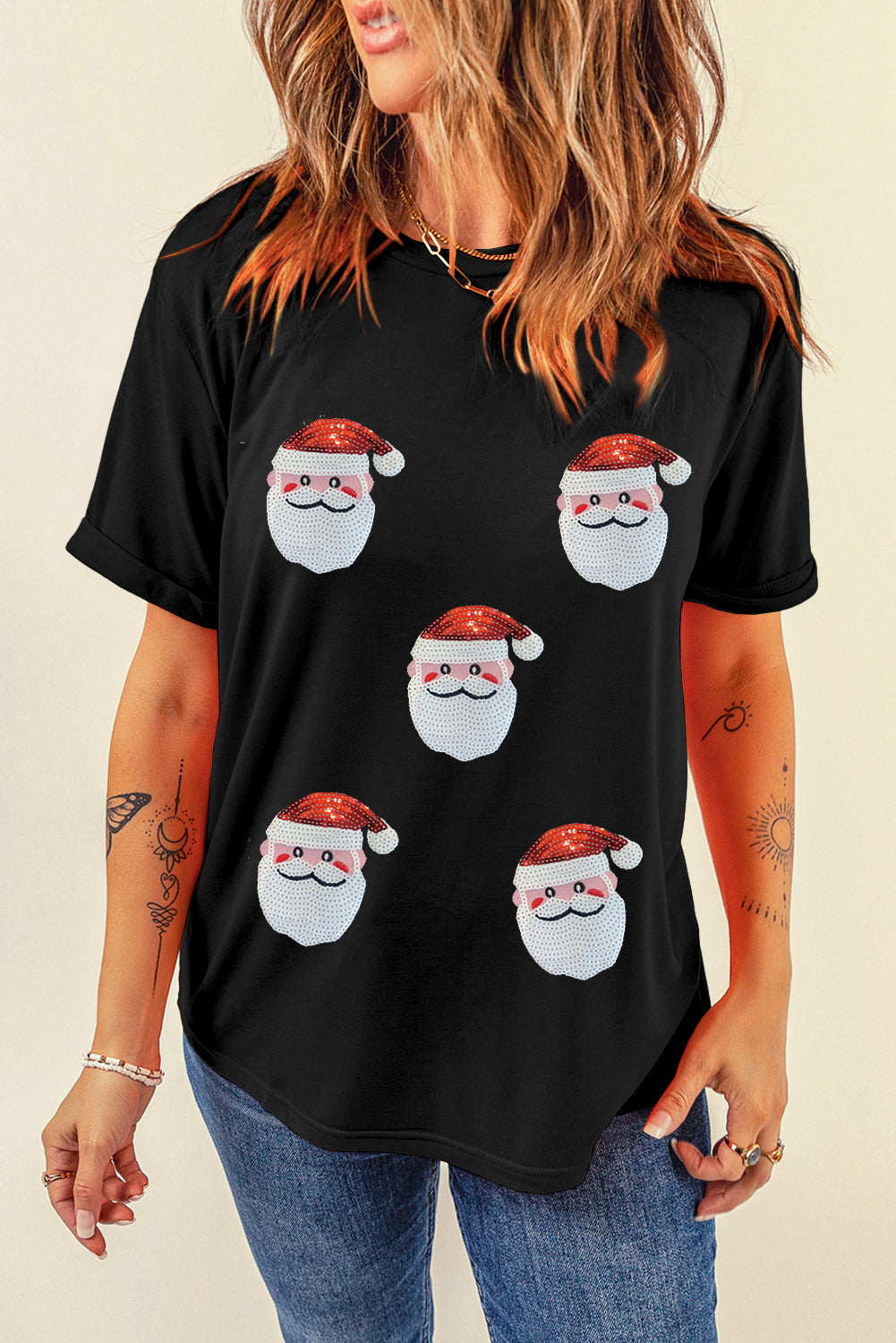Black Faux Sequin Christmas Claus Pattern Crewneck T-Shirt