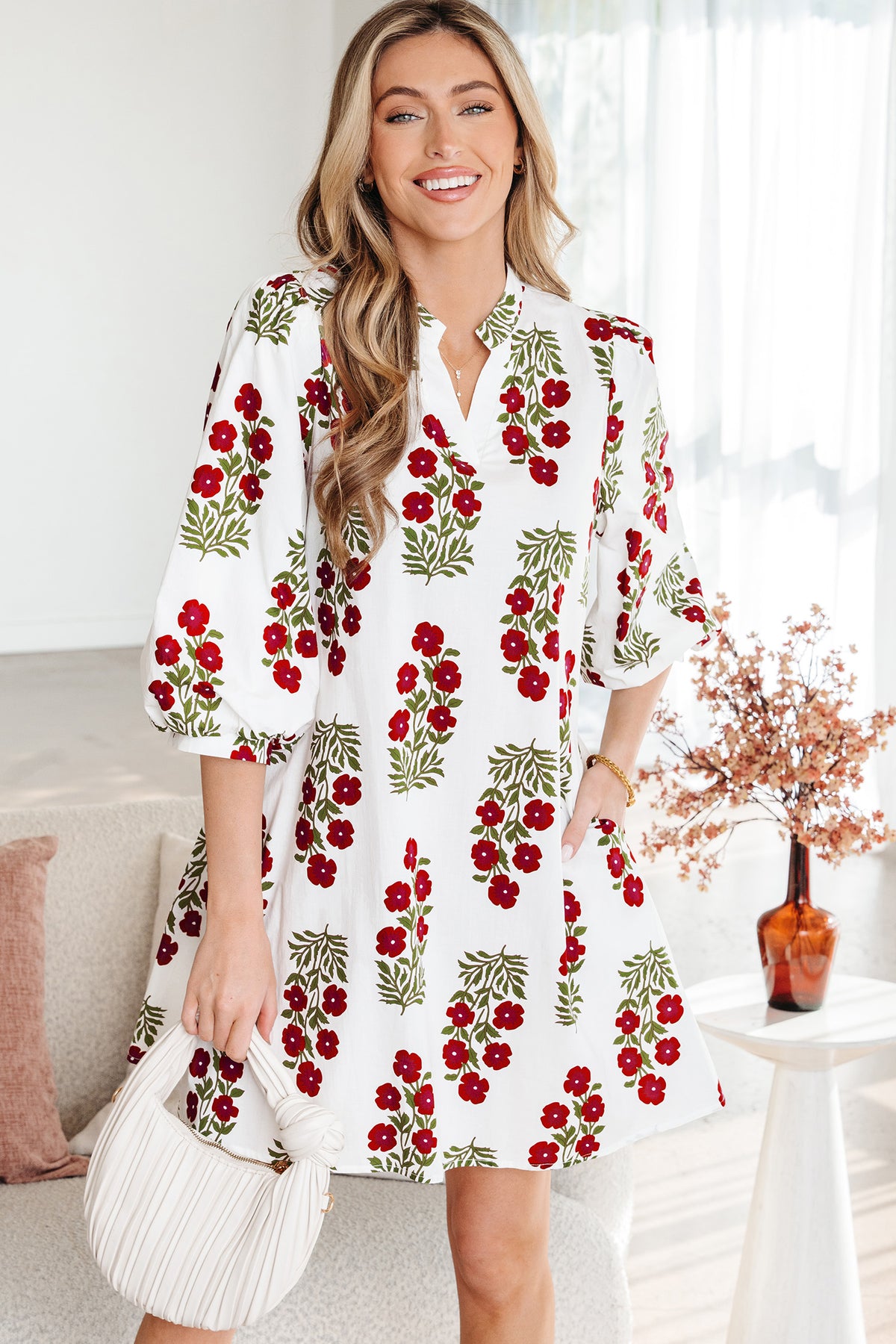 White Floral Print V Neck 3/4 Sleeve Loose Mini Dress