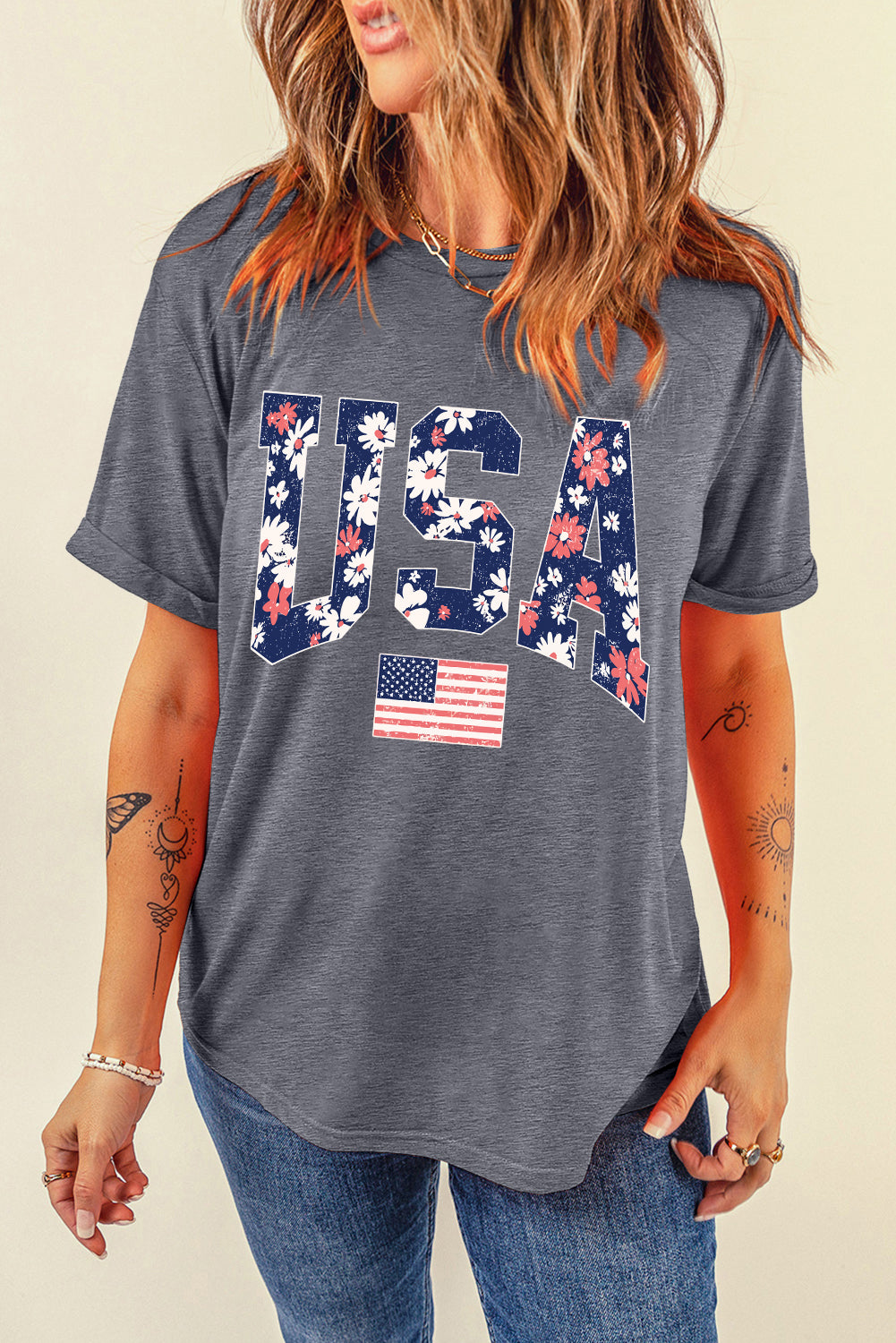Gray Blooming USA Flag Print Casual T-Shirt