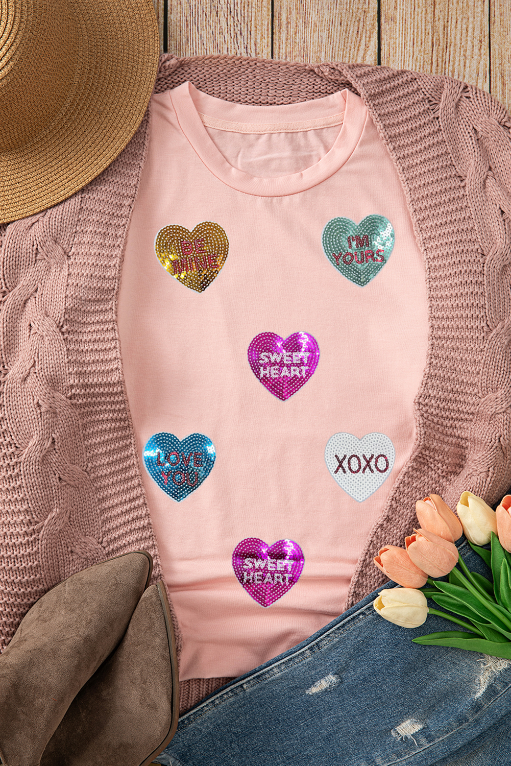 Pink Sequin Valentines Lettering Heart Patched Crewneck T-Shirt