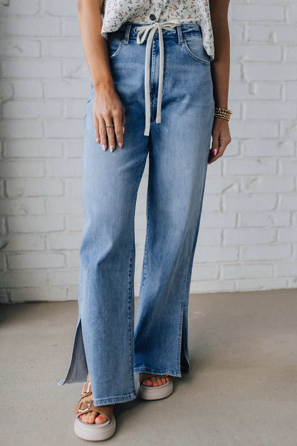 Myosotis Slit Leg High Rise Drawstring Casual Jeans