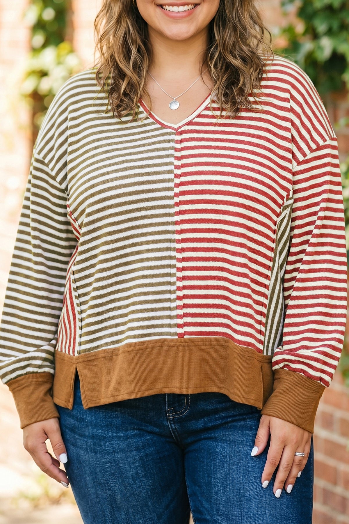 Brown Stripe Striped Color-Block V-Neck Oversized Long-Sleeve Plus Size Blouse