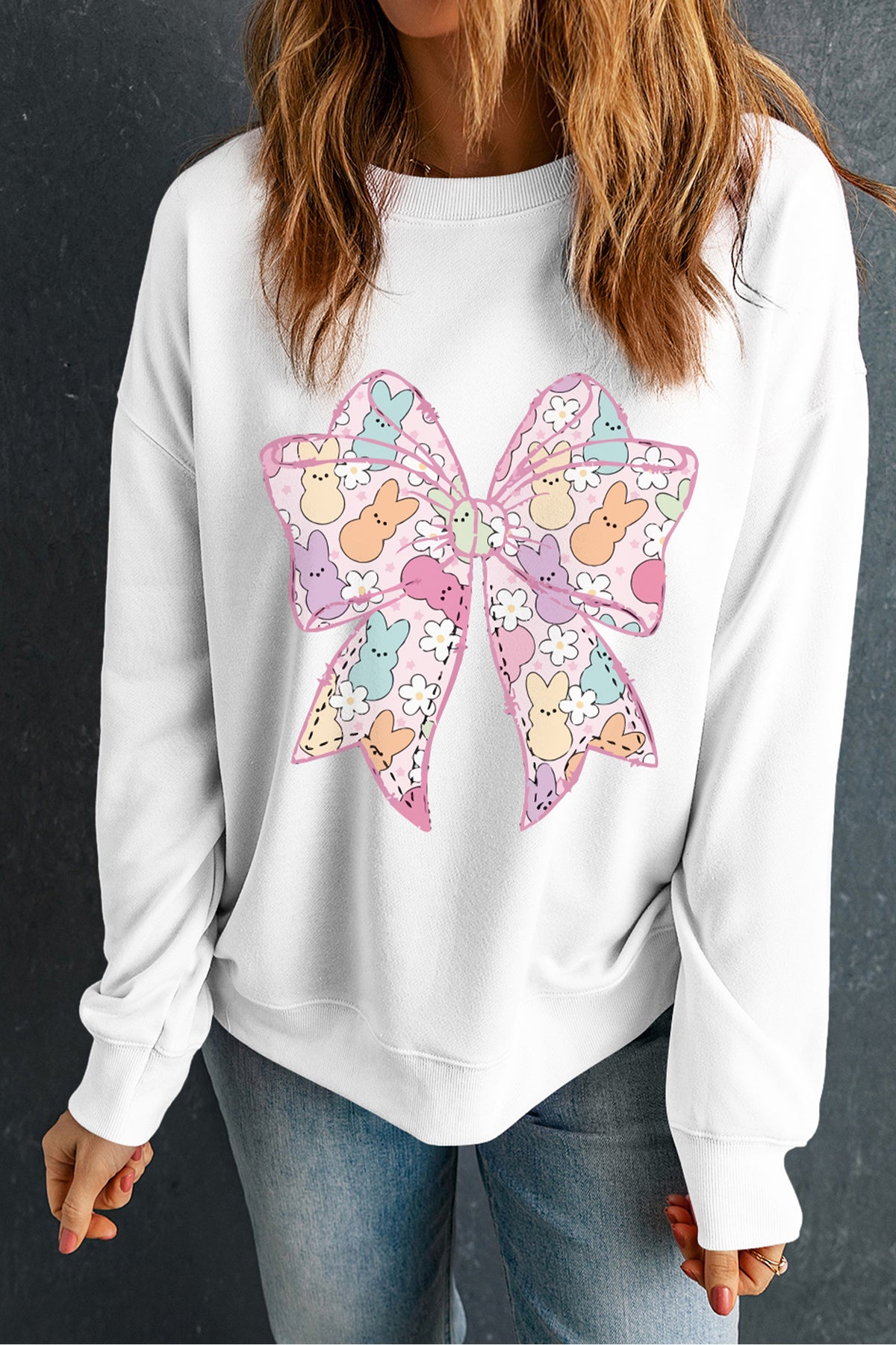 White Easter Bunny Bow Printed Casual Sweatshirt