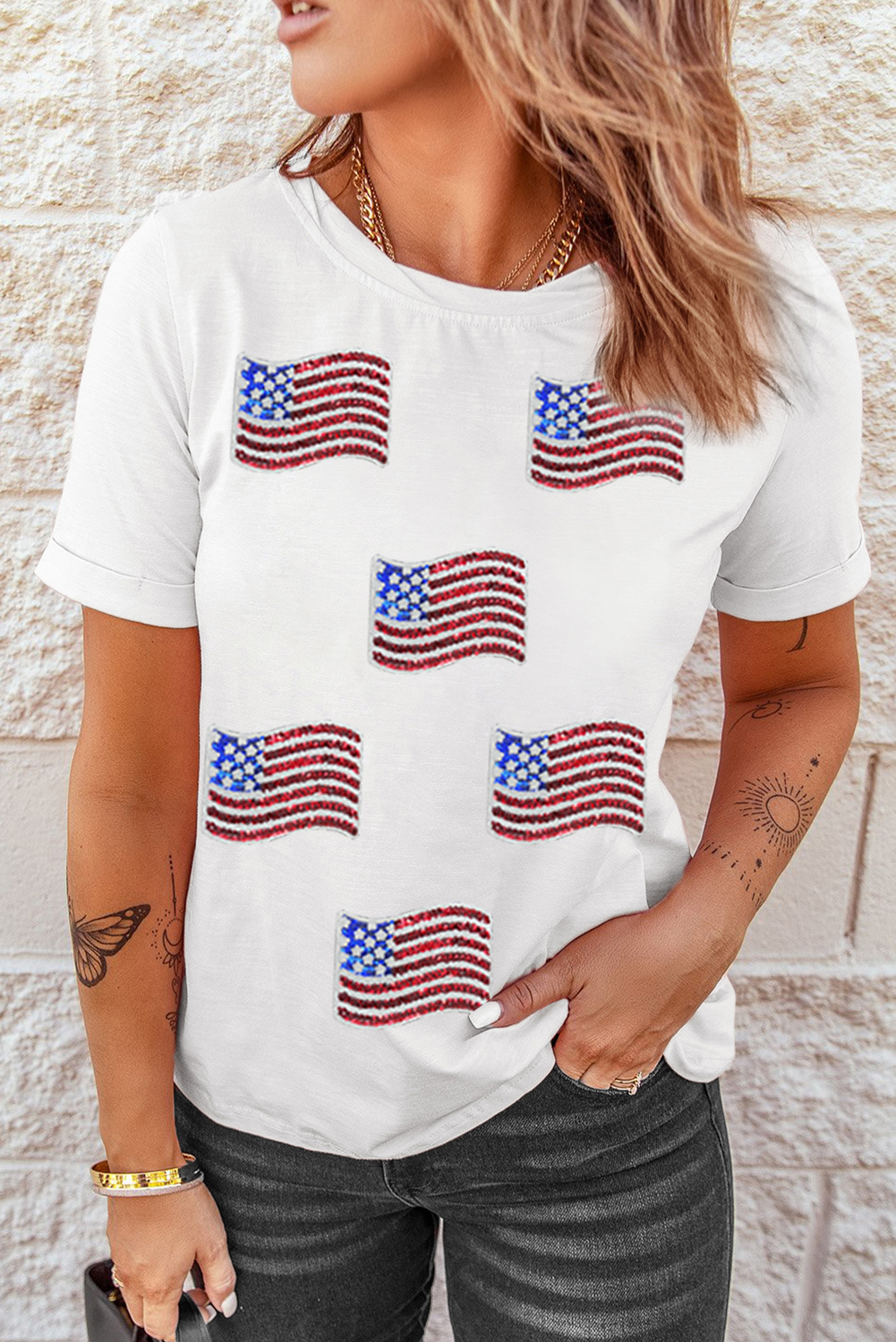 White Sequin American Flag Patched Casual T-Shirt