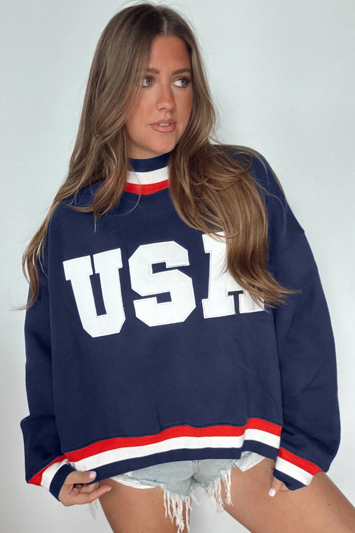 Dirty blue USA Slogan Patch Embroidery High Neck Sweatshirt