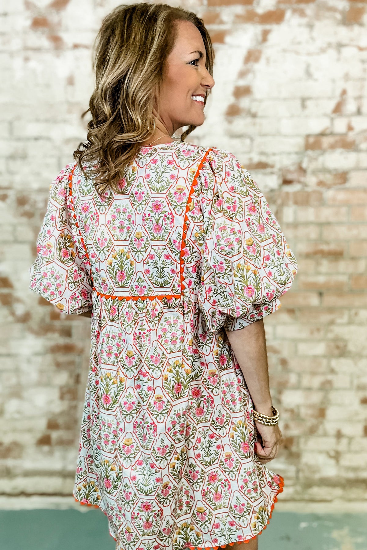 Pink Floral Print Tassel Tie V Neck Scalloped Detail Mini Dress