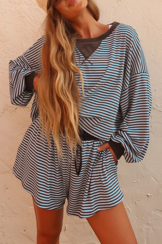 Brown Stripe Oversized Long Sleeve Top Drawstring Shorts Set