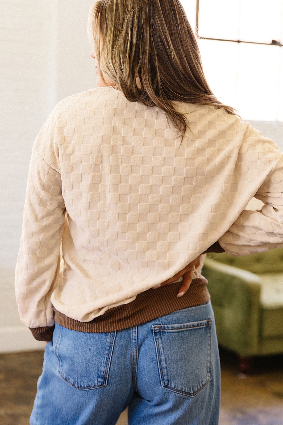 Parchment Plush Checkered Contrast Twisted Rib Top