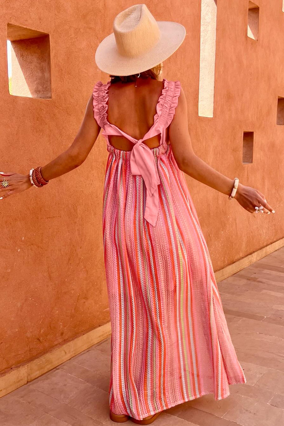 Pink Stripe Ruffle Bow Maxi Dress