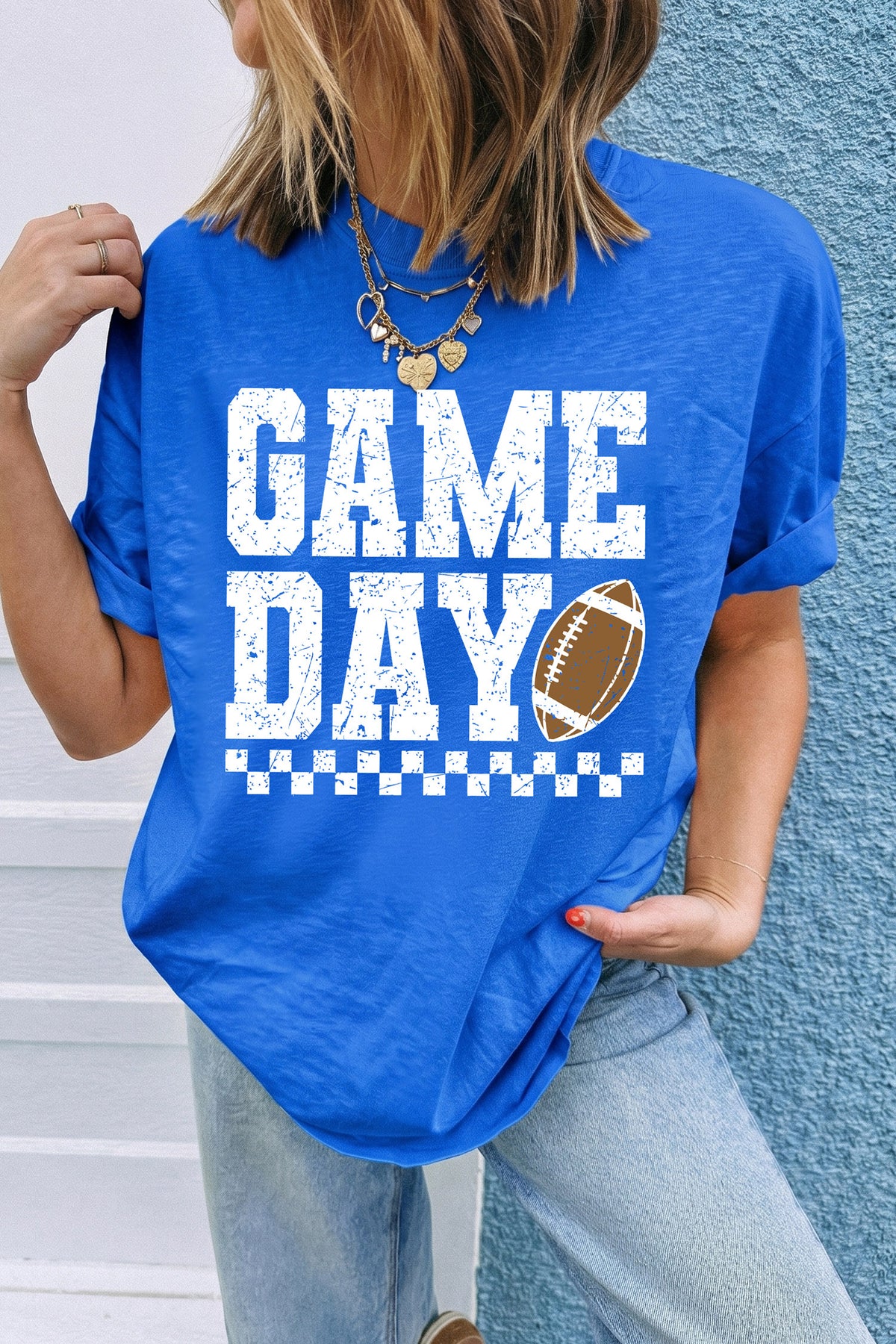 Dark Blue GAME DAY Checkered Print Rugby Graphic T-Shirt