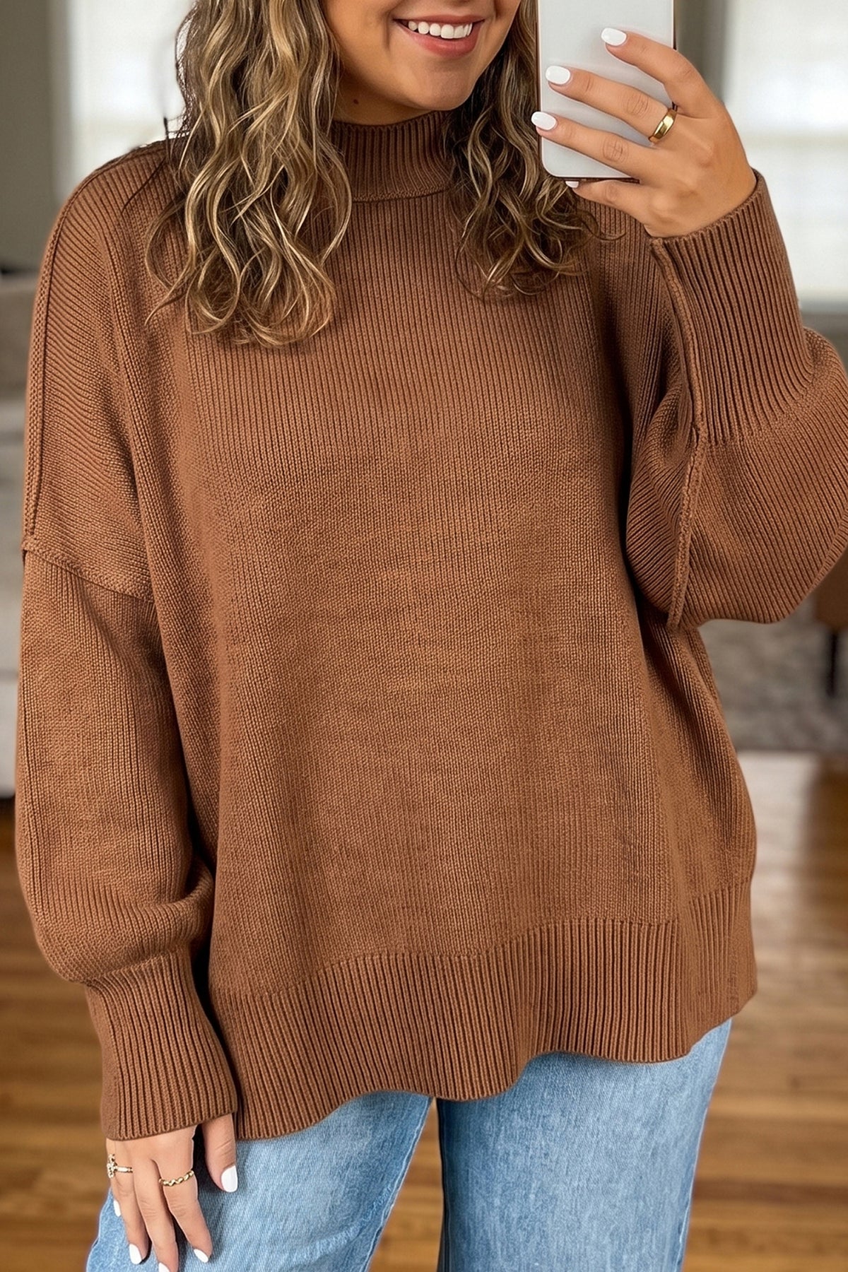 Chestnut Oversized Ribbed Knit Long-Sleeve Tunic Plus Size Sweater
