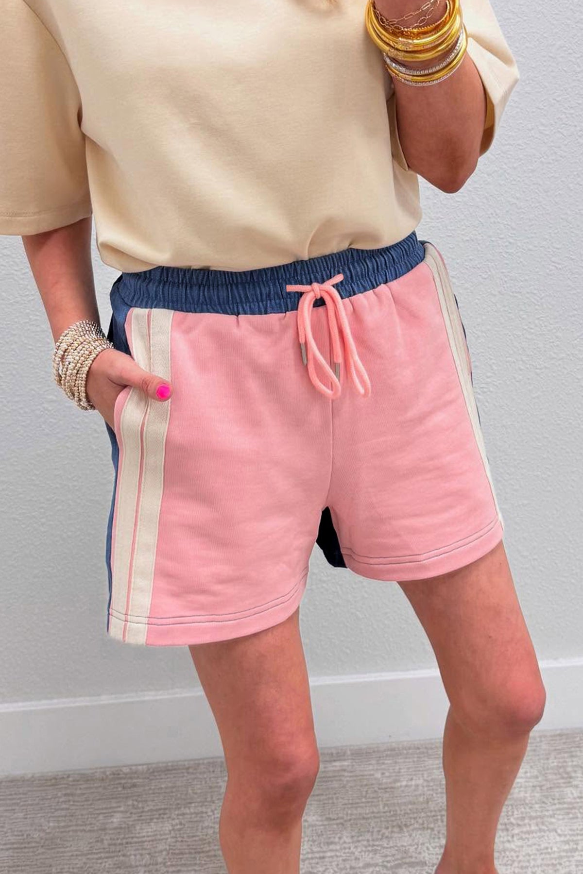 Pink Color Block Patchwork Varsity Striped Drawstring Elastic Shorts