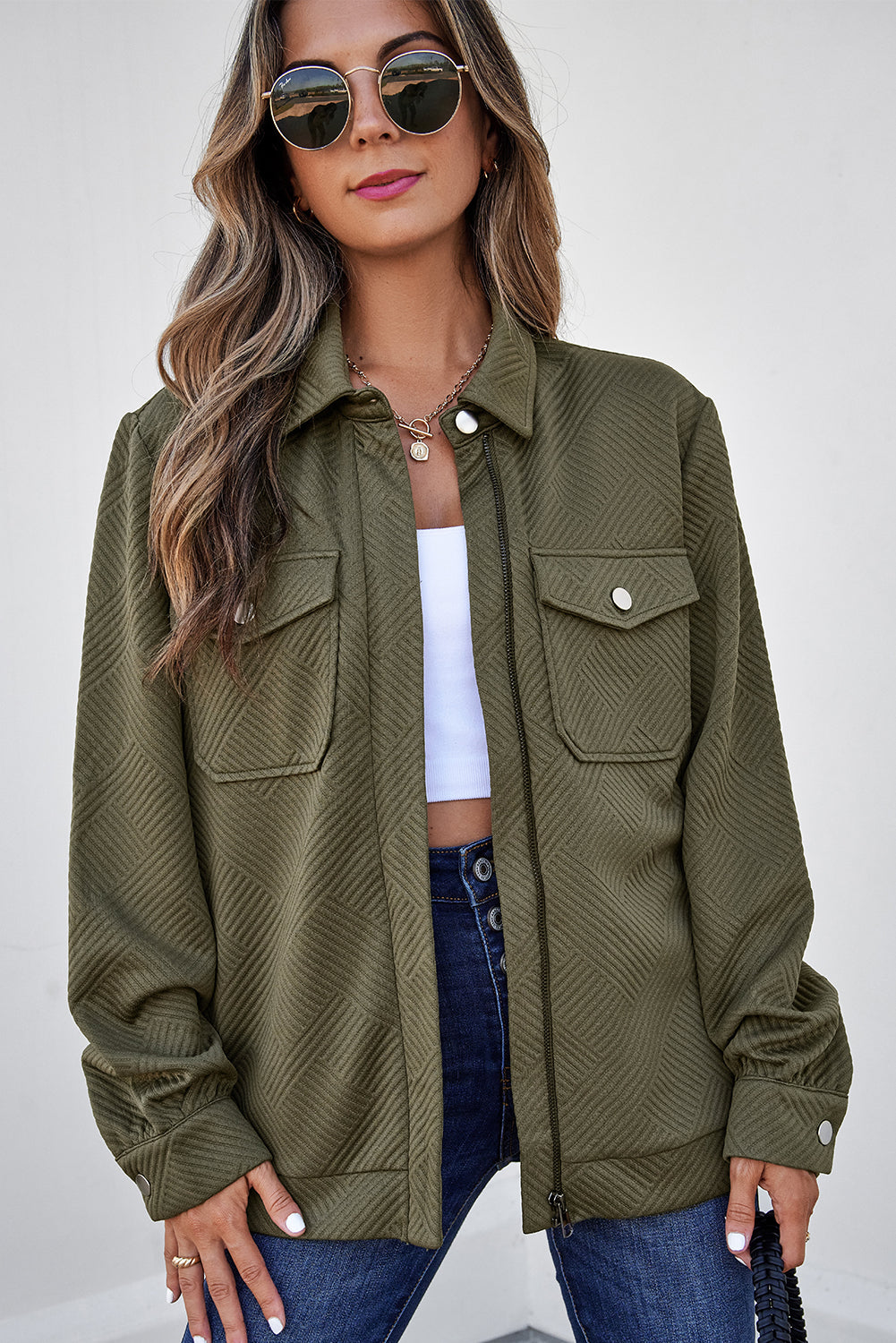 Blackish Green Zip Up Button Flap Pocket Shirt Collar Jacket